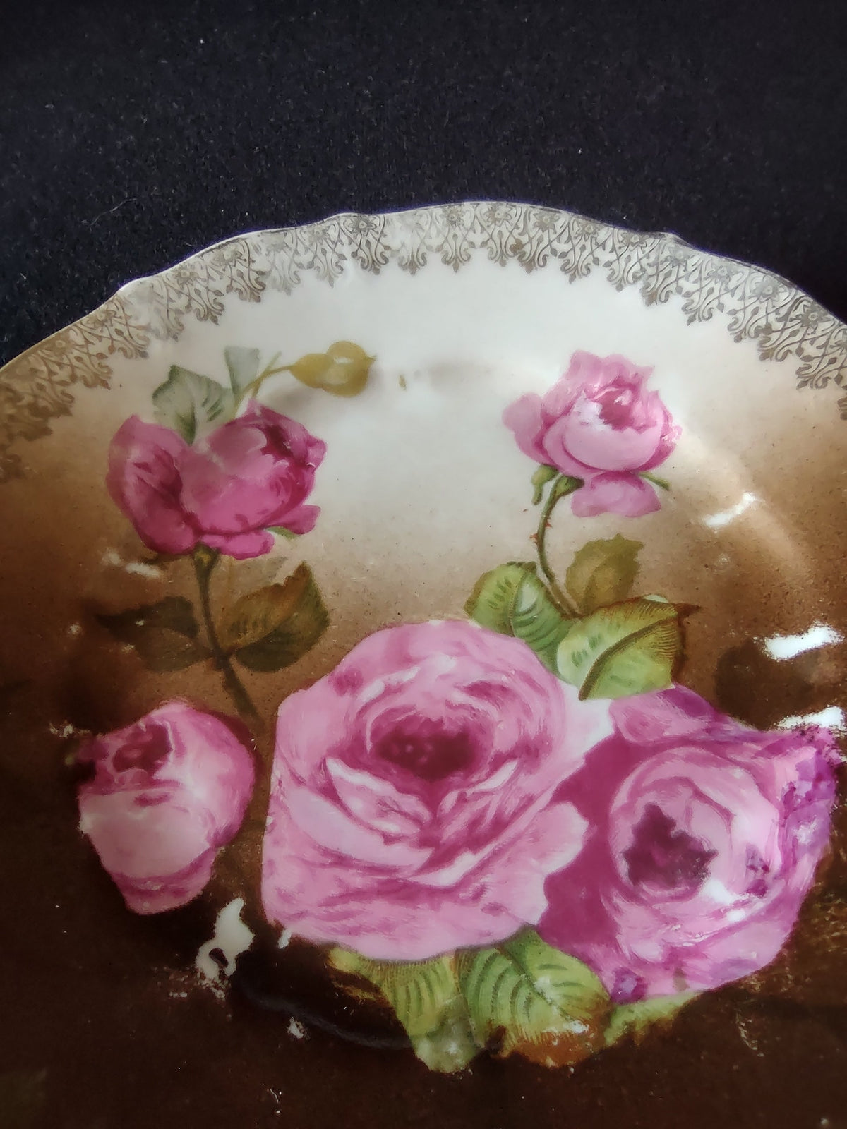 C.T. Carl Tielsch bowl - detail of brown gold ground with discoloration spots consistent with age