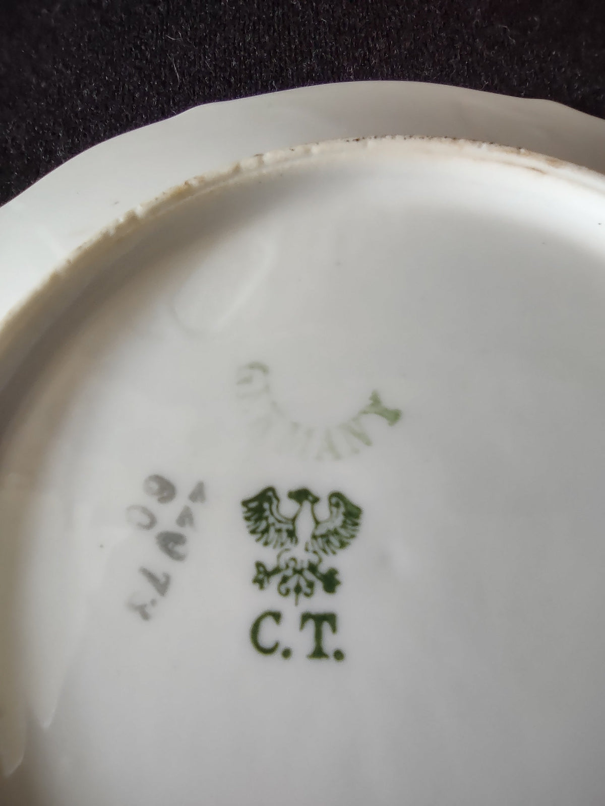 C.T. Carl Tielsch bowl - close-up of C.T. green eagle backstamp with GERMANY mark