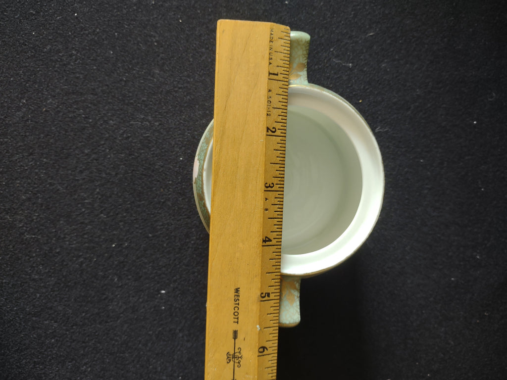 Sugar bowl opposite side view showing second rose and sage green gold trellis rim band