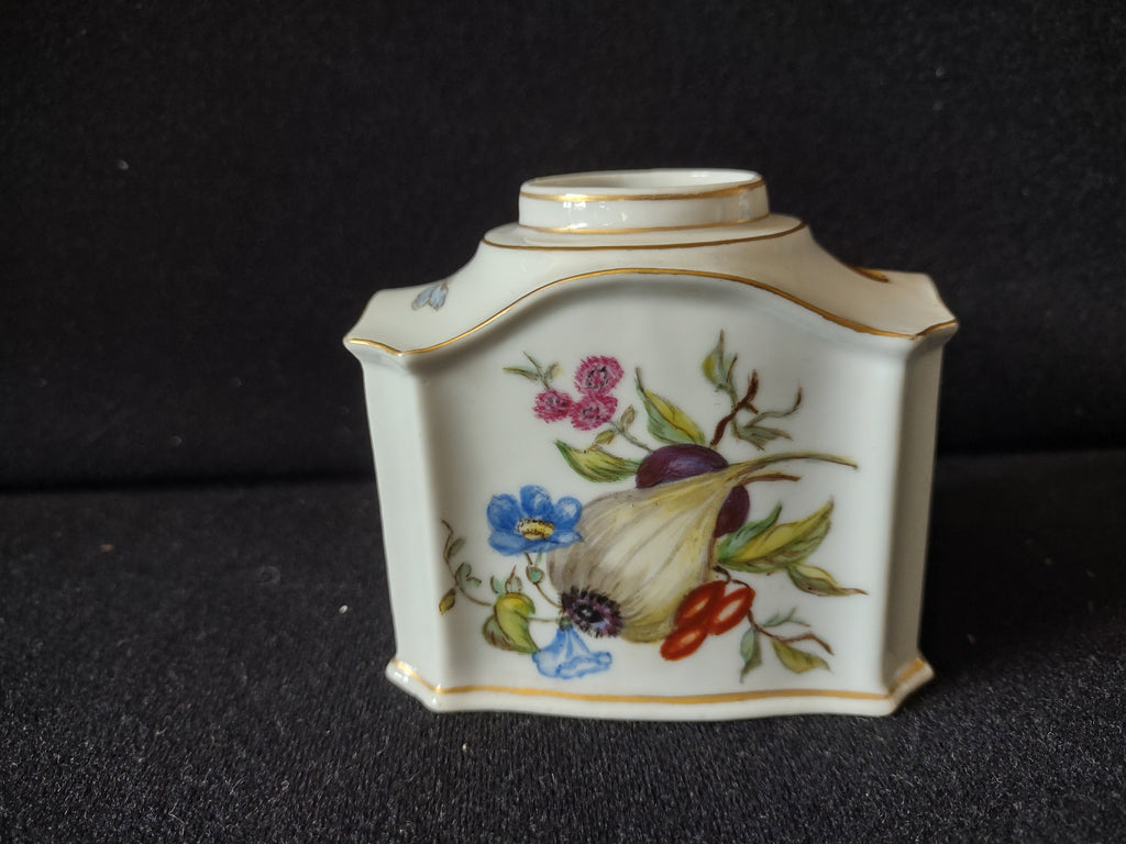 Royal Vienna porcelain tea caddy front panel showing red currant berries on branch with dragonfly vignette above