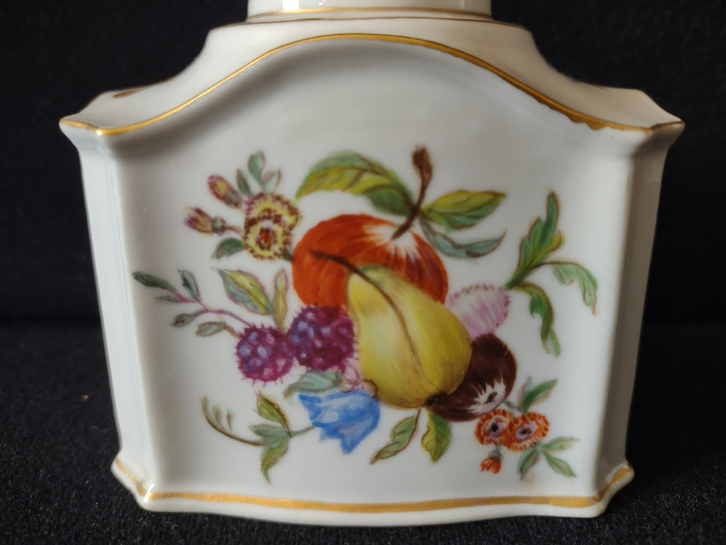 Tea caddy side panel showing pink gooseberries and forget-me-not blue flowers with mushroom vignette above