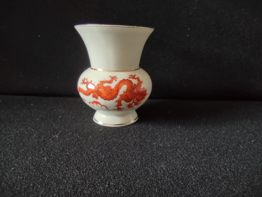 Vintage Meissner Handmalerei miniature vase front view showing full Ming Dragon in iron-red on white porcelain