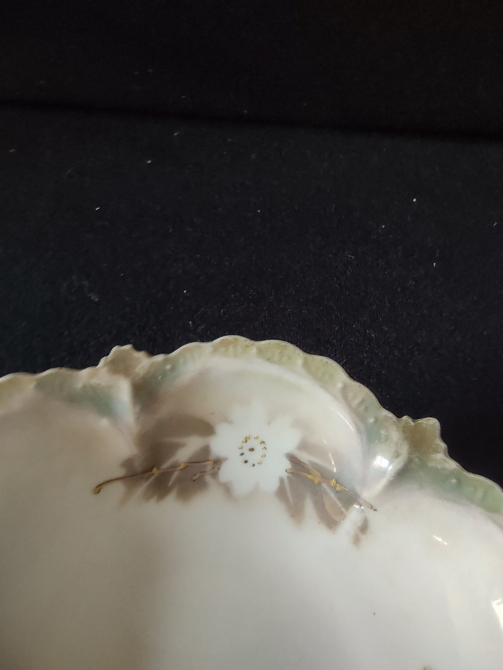 RS Prussia nappy dish angled side view showing scalloped ruffled rim with molded floral tabs and chip