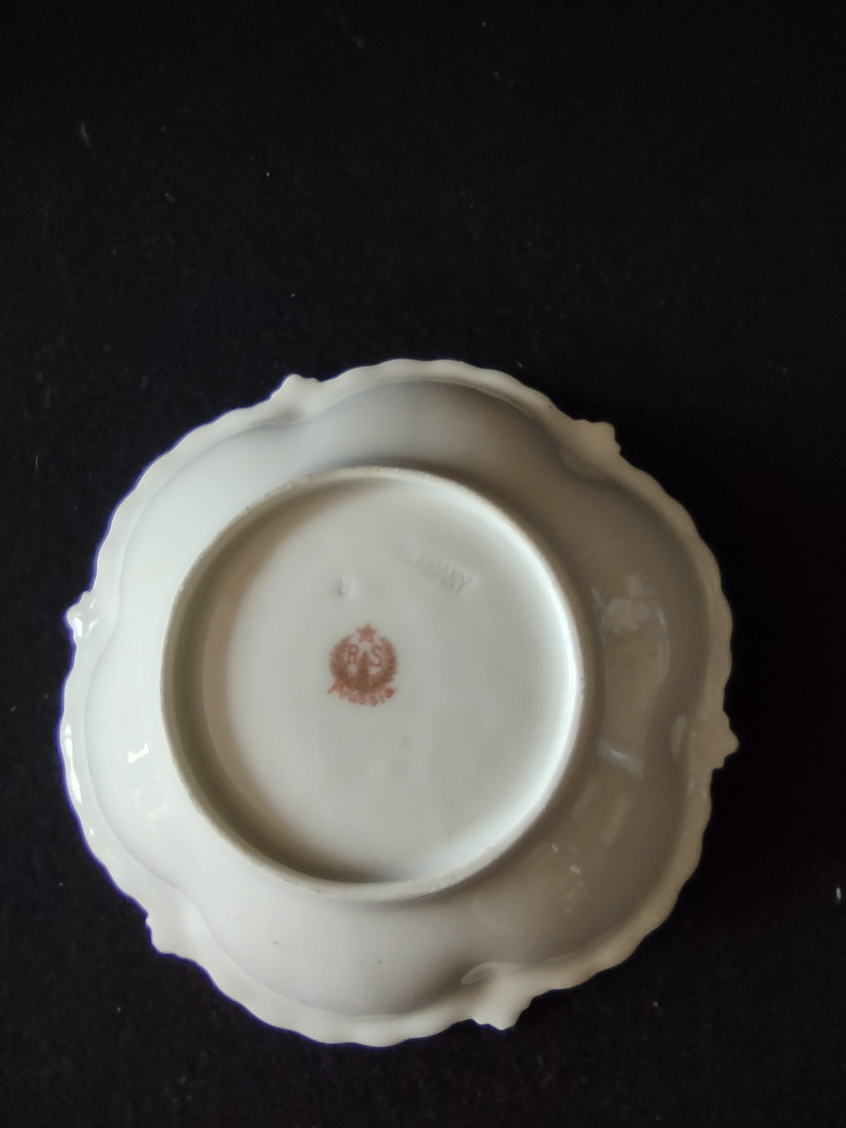 RS Prussia nappy dish close-up backstamp showing RS wreath mark and GERMANY export inscription