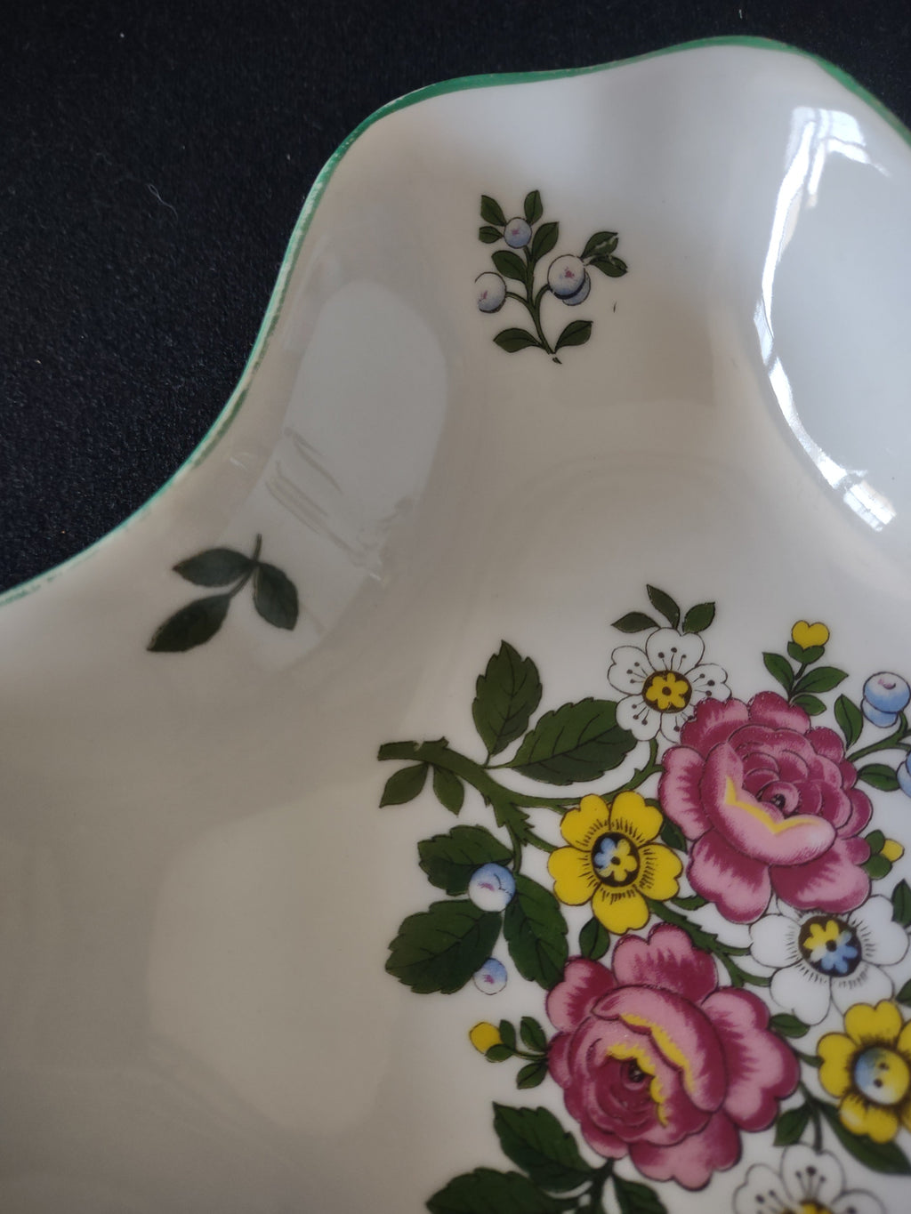 Royal Tettau candy dish base view showing green thistle shield Royal Tettau Bavaria backstamp and loop handle