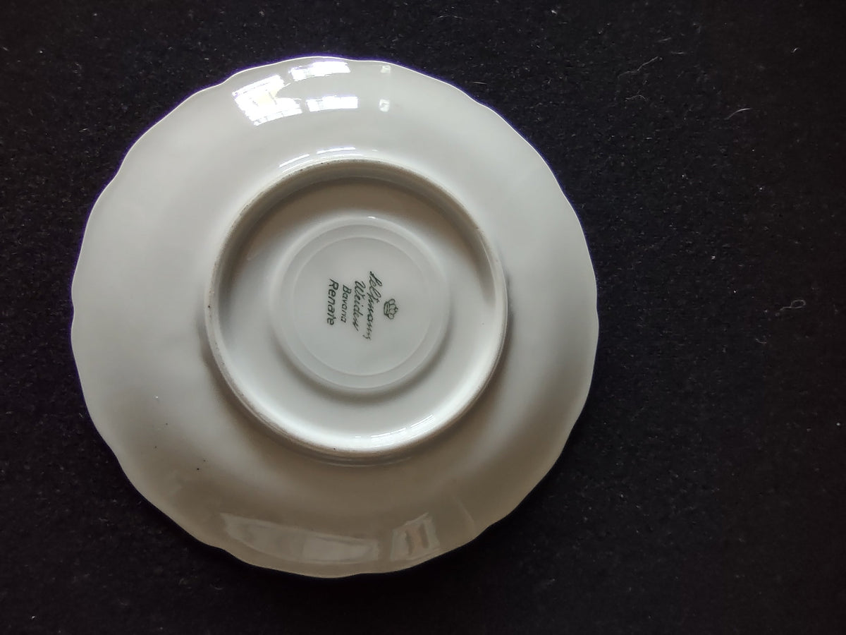 Seltmann Weiden Renate saucer base view showing crown backstamp with Seltmann Weiden Bavaria and Renate pattern name in green