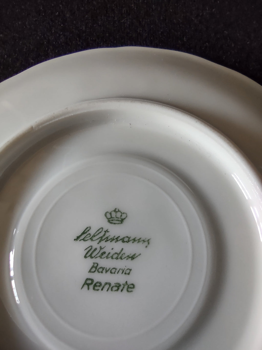 Seltmann Weiden Renate pattern backstamp close-up showing crown mark cursive Seltmann Weiden Bavaria and Renate in bold print