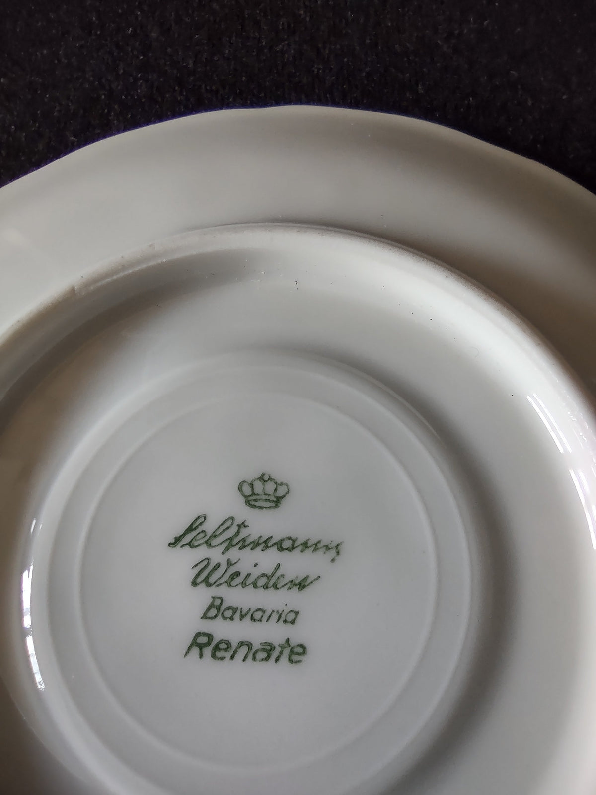 Seltmann Weiden Renate pattern backstamp close-up showing crown mark cursive Seltmann Weiden Bavaria and Renate in bold print