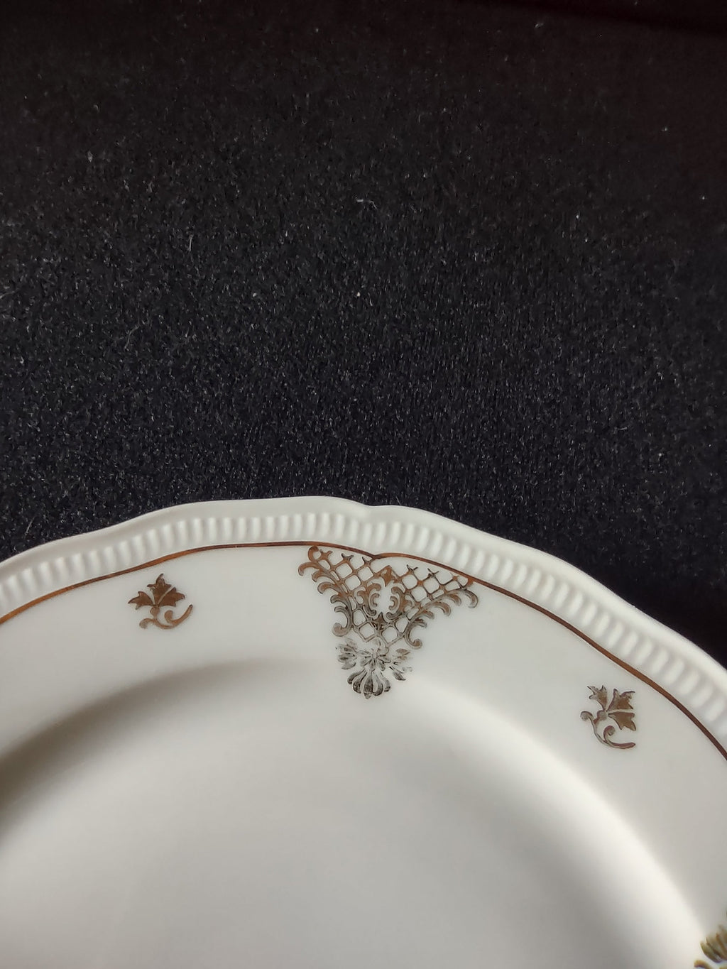 Seltmann Weiden Renate plate close-up of trellis cartouche detail showing acanthus scrolls fleur-de-lis pendant and scattered foliate sprigs near rim