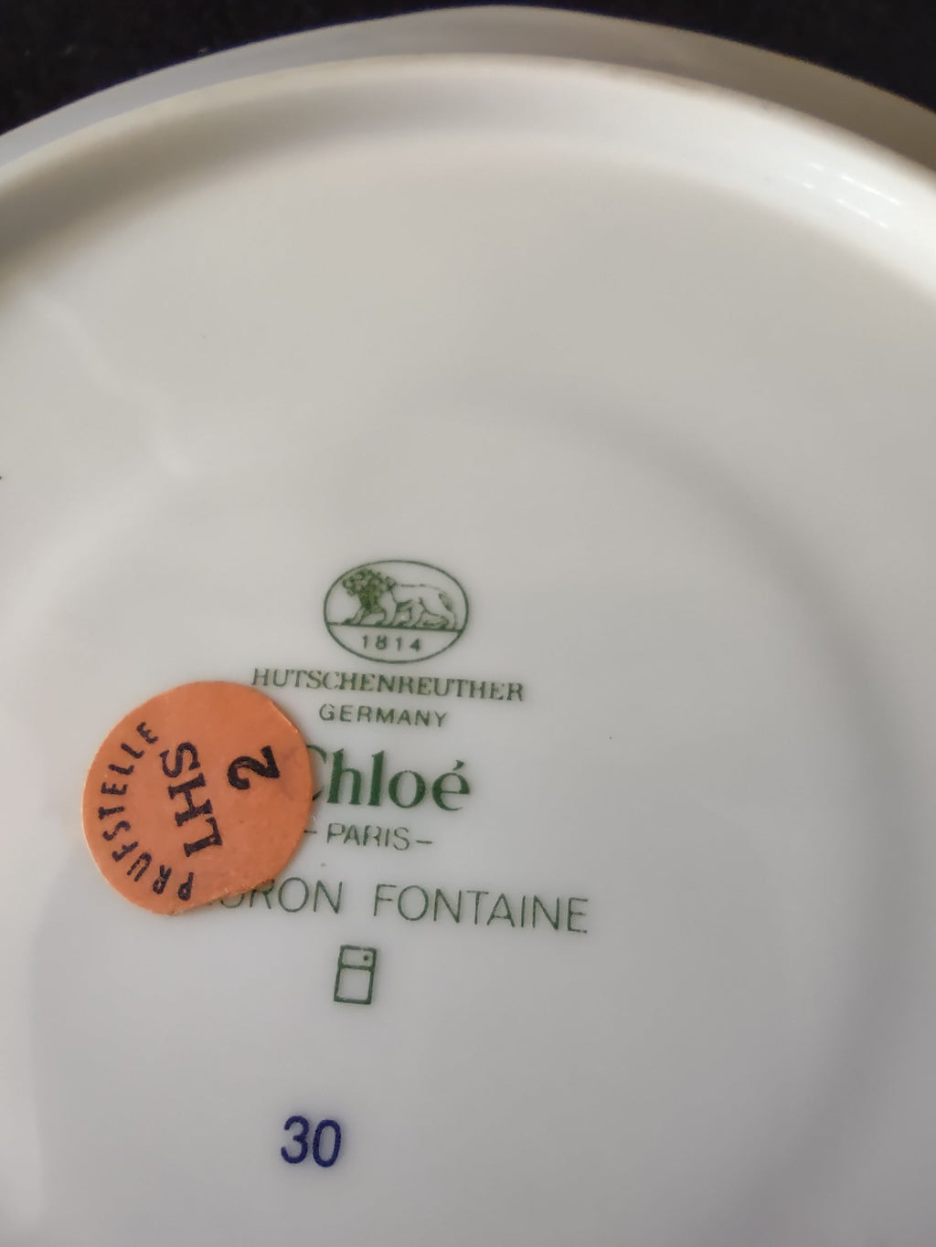 Hutschenreuther Chloe Huron Fontaine saucer base close-up showing full backstamp detail oval green lion mark 1814 Hutschenreuther Germany Chloe Paris Huron Fontaine shape 30