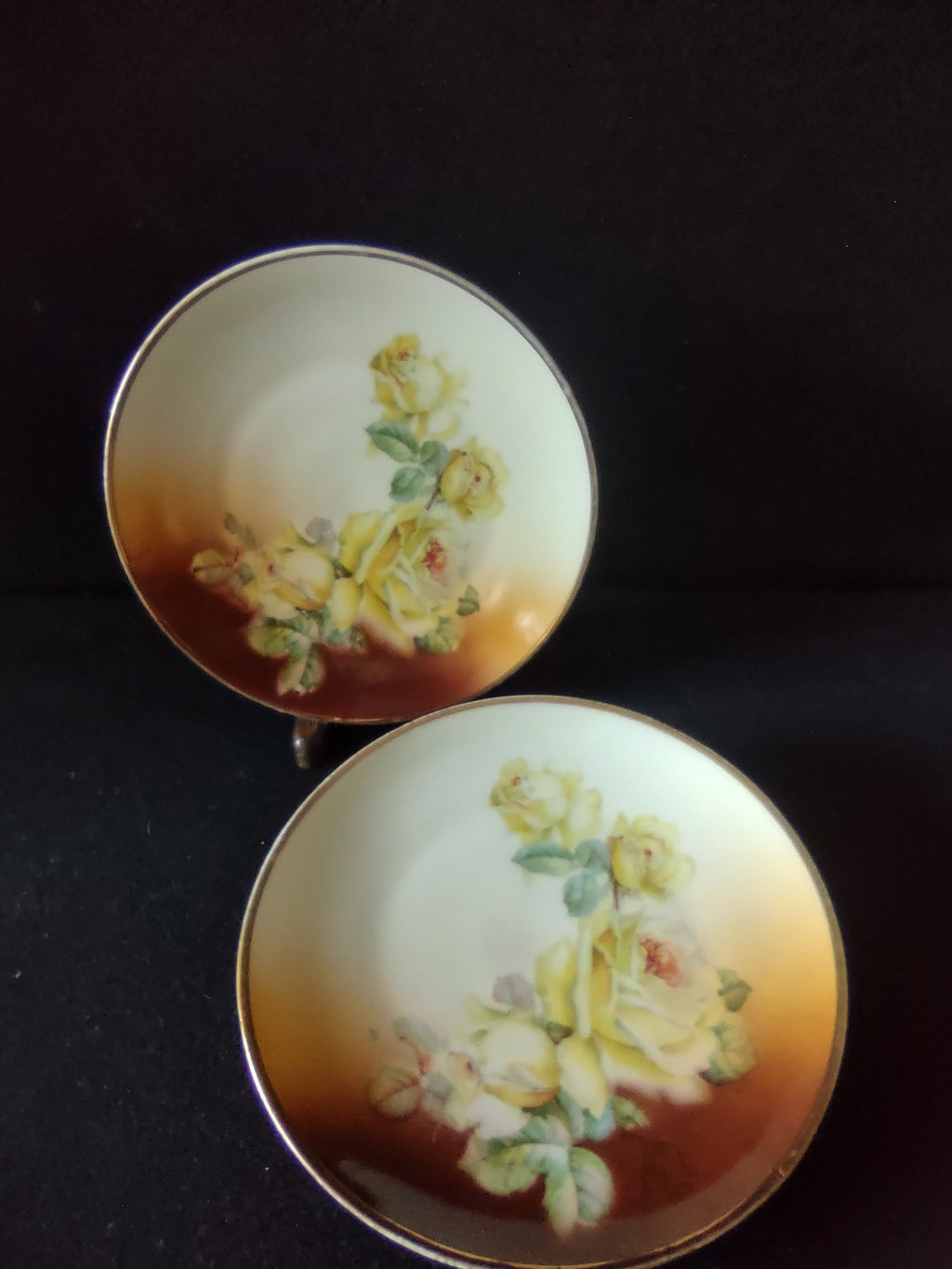 Hand-painted yellow roses plate close-up of upper half showing fully open yellow rose bloom bud and green leaves on off-white ground with small gold rim line
