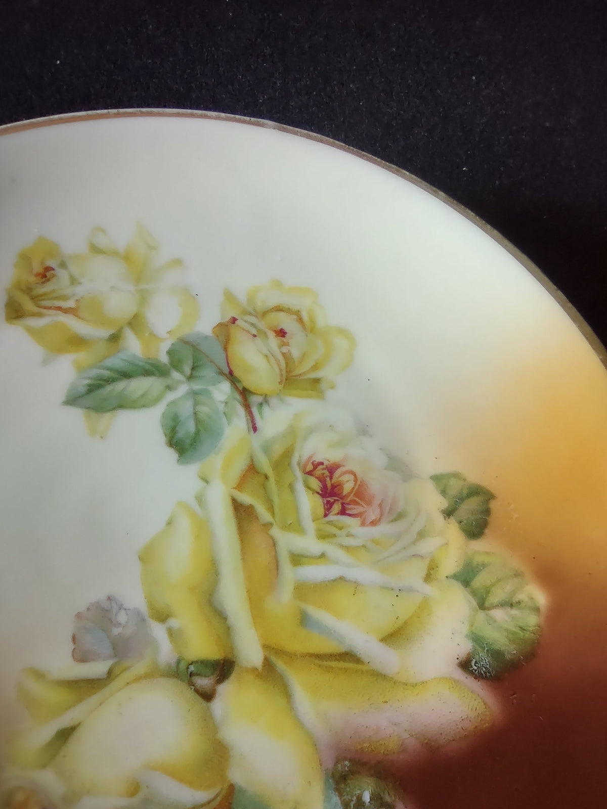 Hand-painted yellow roses plate close-up of lower right quadrant showing additional yellow rose spray with green foliage against amber mahogany ground
