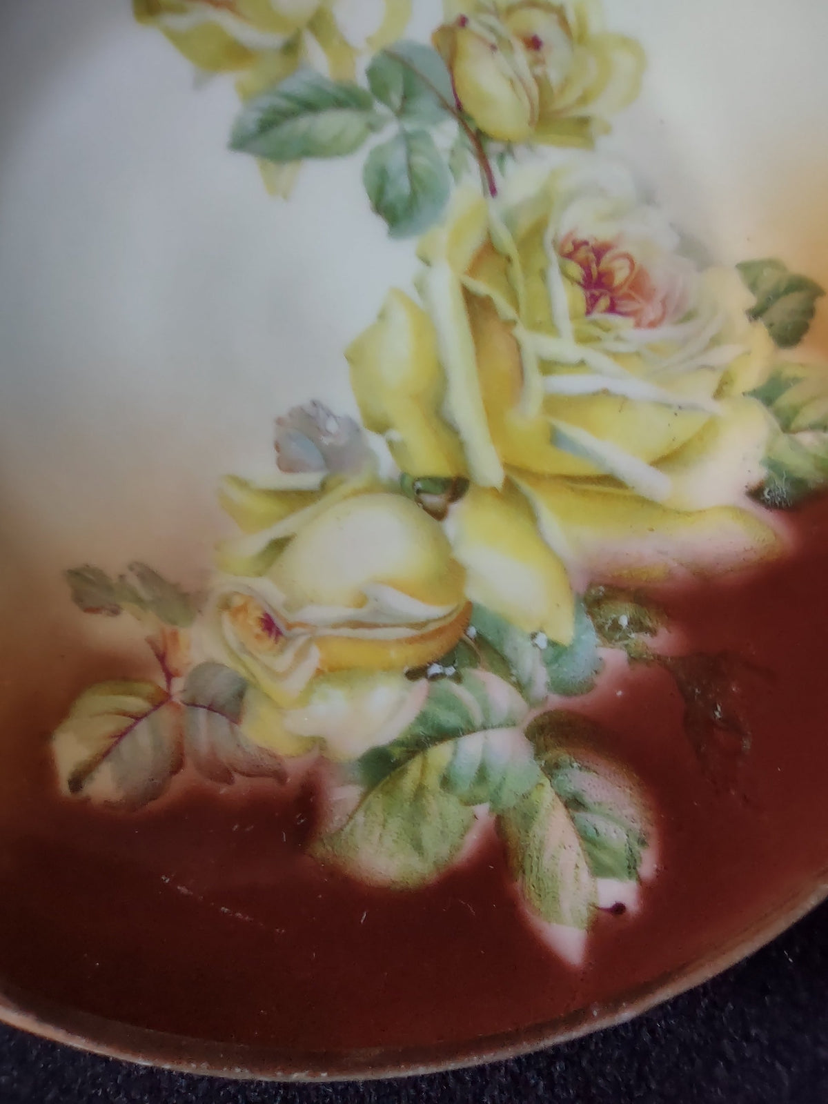 Hand-painted yellow roses plate side profile close-up showing gold rim edge wear and fading consistent with age and plate depth