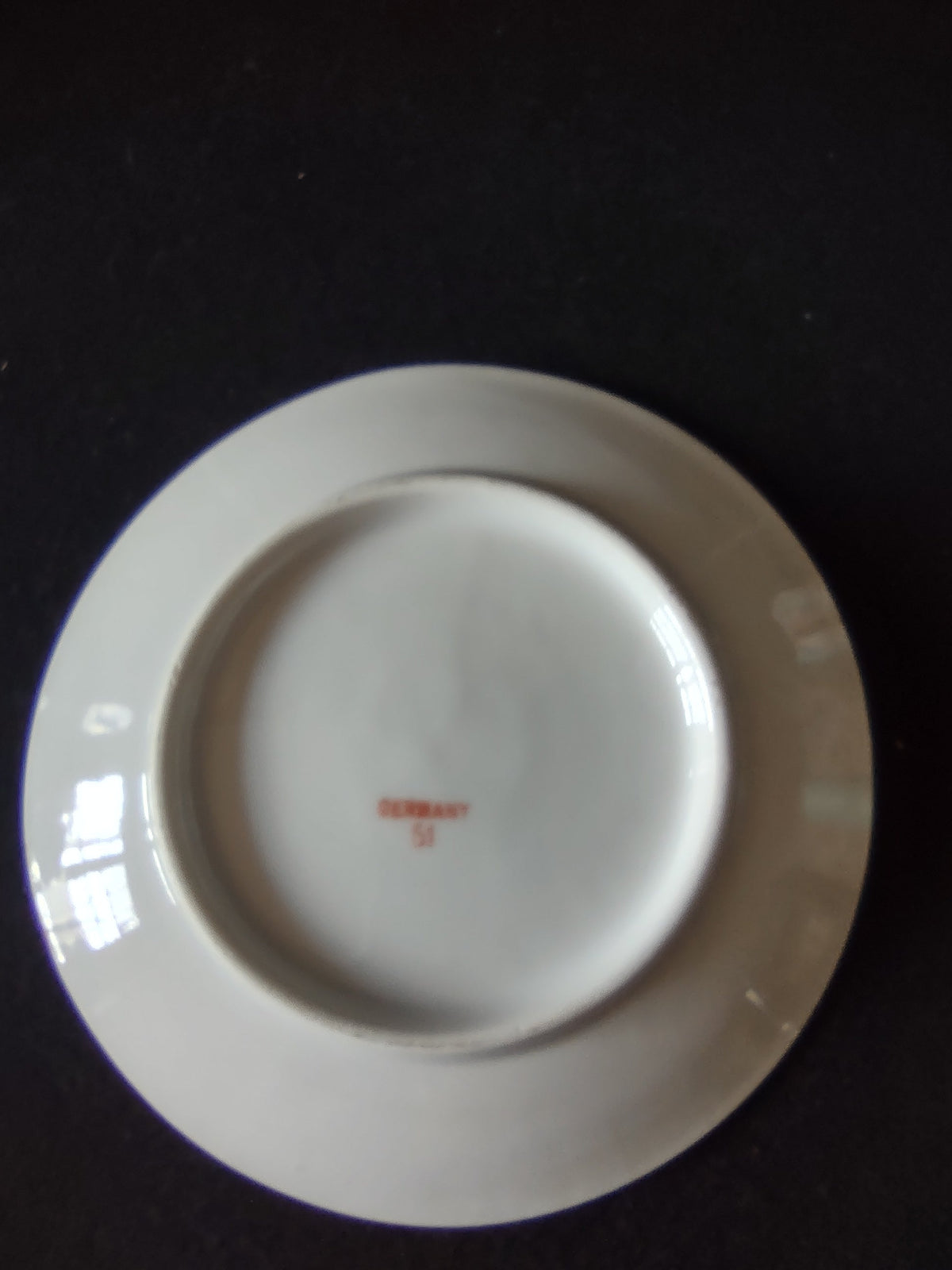 Hand-painted yellow roses porcelain plate base view showing white underside with small red unidentified maker mark centered