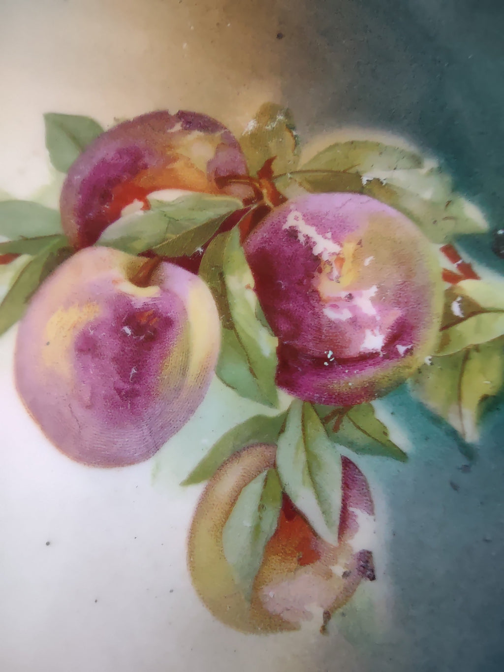 Hand-painted peaches plate close-up of rim area showing paint loss and flaking on peach motif white spots visible in fruit area against teal ground