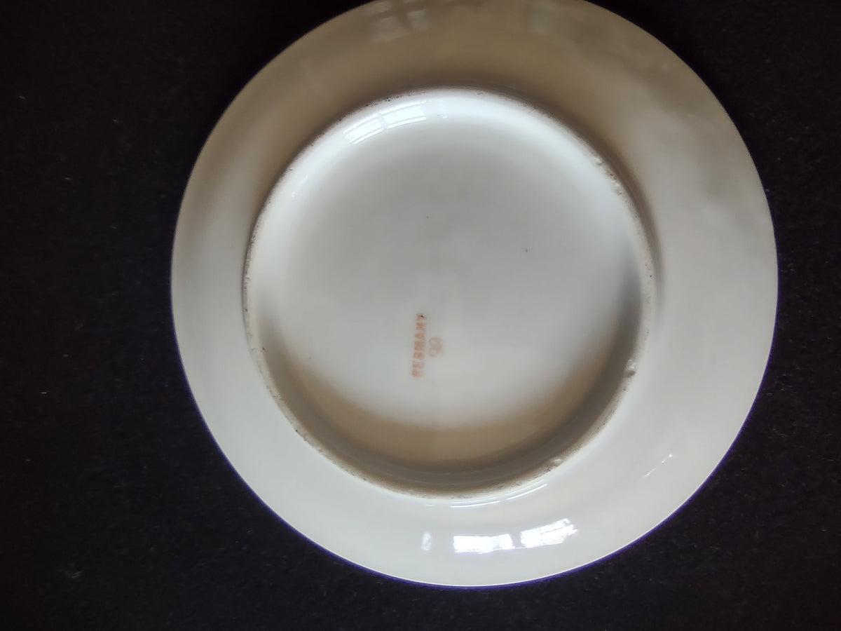 Hand-painted peaches plate close-up of rim edge profile showing clean unchipped white porcelain edge with no chips or cracks