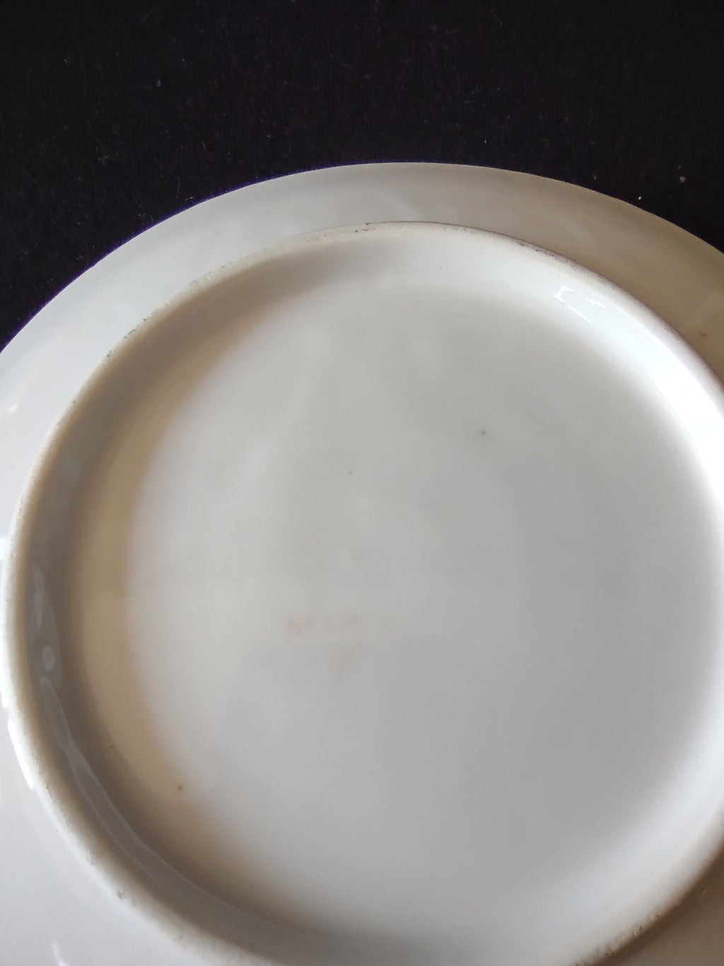 Hand-painted pears plate base view showing plain white unmarked underside with light brown discoloration on well consistent with age no maker mark visible