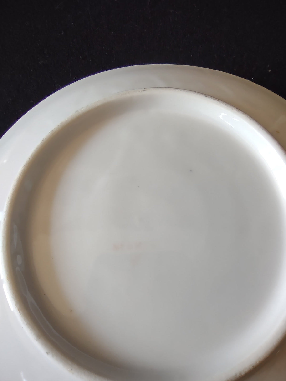Hand-painted pears plate base view showing plain white unmarked underside with light brown discoloration on well consistent with age no maker mark visible