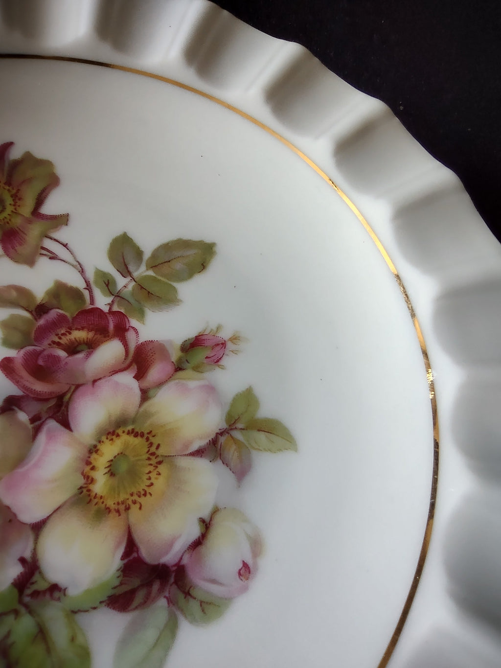Schumann Arzberg Wild Rose plate close-up of upper left quadrant showing full gold inner rim line detail and raised rib scalloped rim against black background
