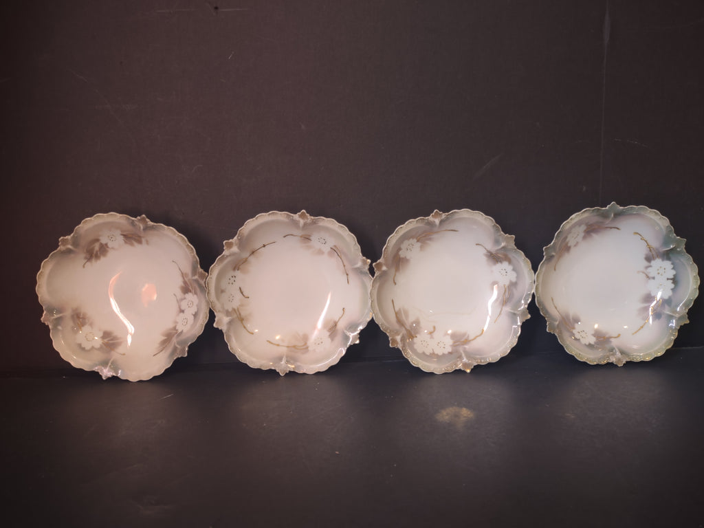Vintage RS Prussia Porcelain Nappy Dish White Dogwood Green Gold 5" IMPERFECT [7409]