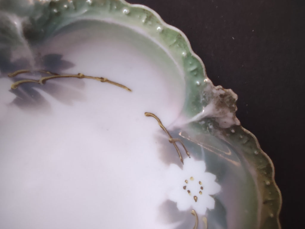 Vintage RS Prussia Porcelain Nappy Dish White Dogwood Green Gold 5" IMPERFECT [7409]