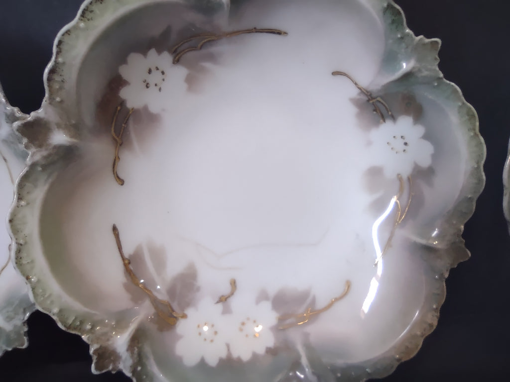 Vintage RS Prussia Porcelain Nappy Dish White Dogwood Green Gold 5" IMPERFECT [7409]