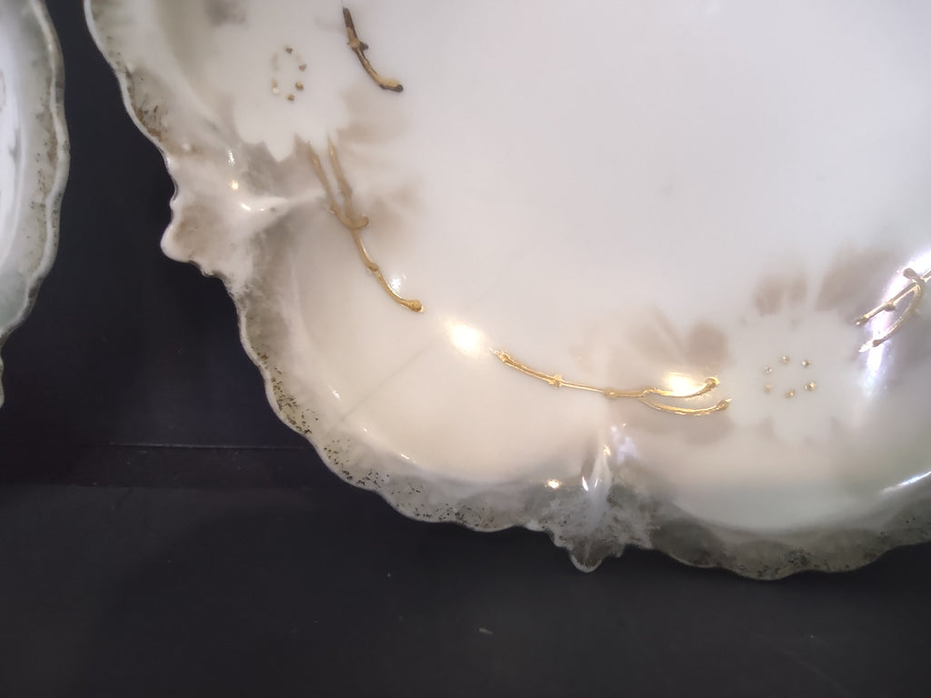 Vintage RS Prussia Porcelain Nappy Dish White Dogwood Green Gold 5" IMPERFECT [7409]