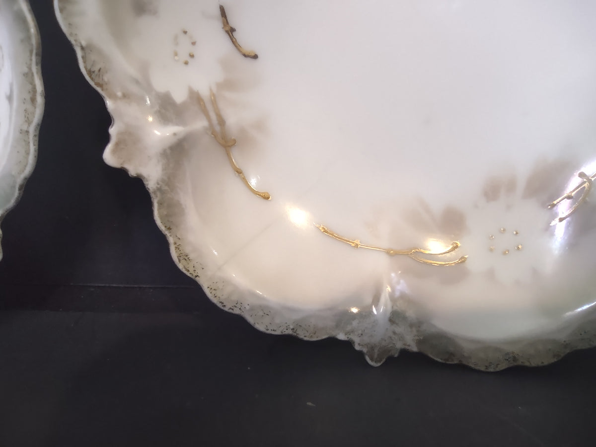 Vintage RS Prussia Porcelain Nappy Dish White Dogwood Green Gold 5" IMPERFECT [7409]