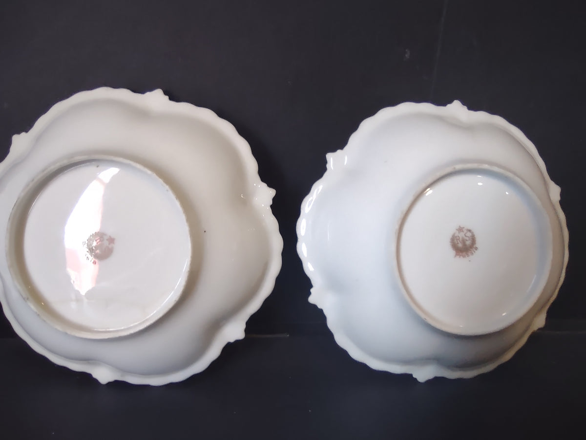 Vintage RS Prussia Porcelain Nappy Dish White Dogwood Green Gold 5" IMPERFECT [7409]