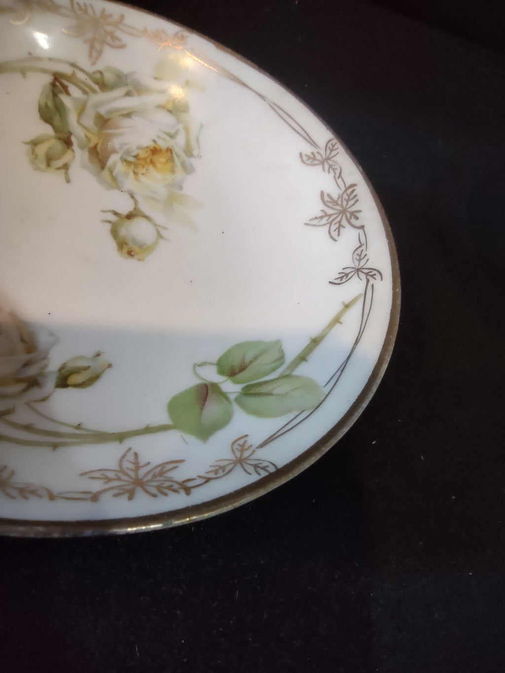 C Tielsch Altwasser plate close-up of lower right rim showing cream rose bud green leaves and Art Nouveau gold vine-and-leaf border detail