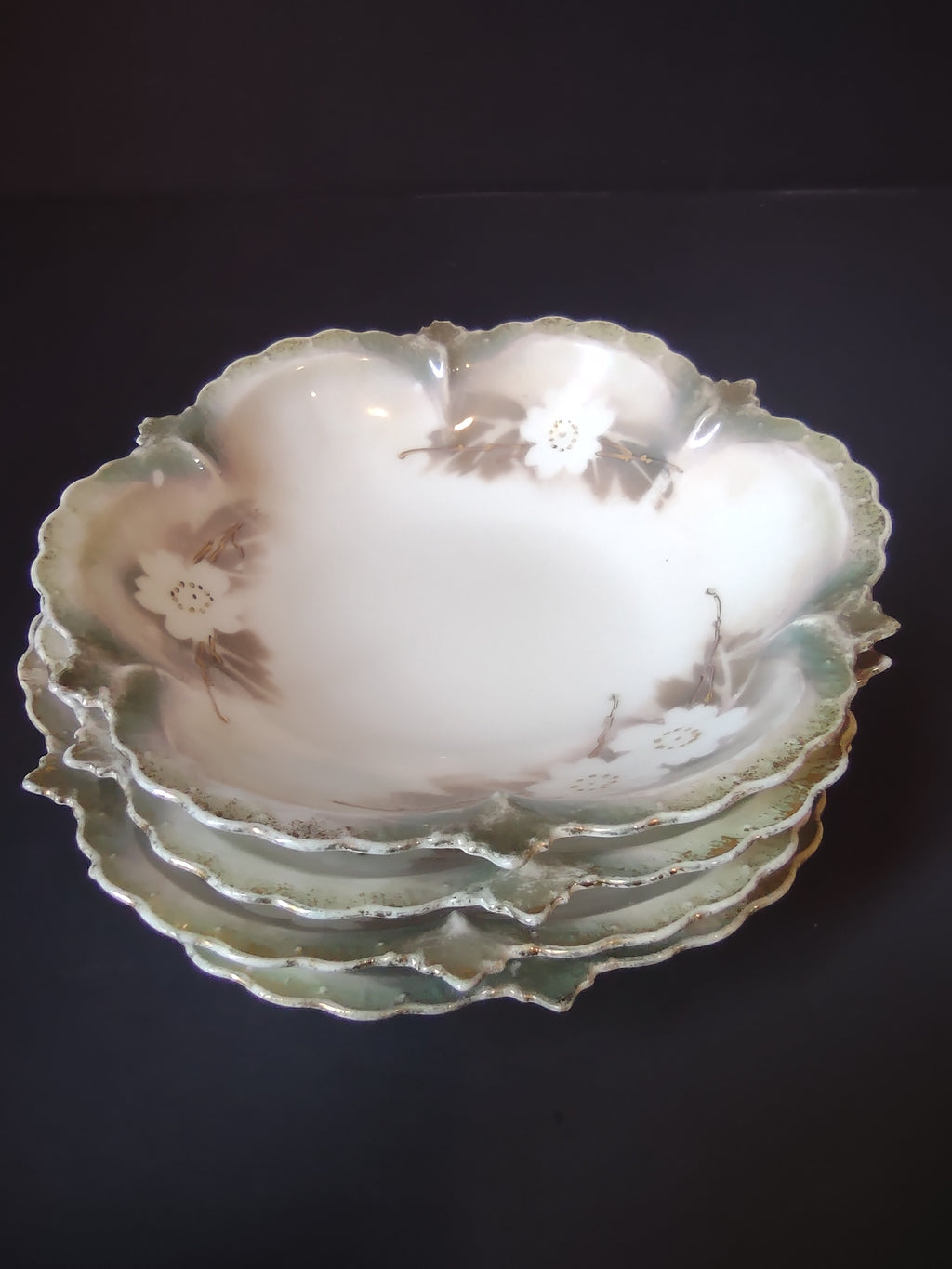 Vintage RS Prussia Porcelain Nappy Dish White Dogwood Green Gold 5" IMPERFECT [7409]