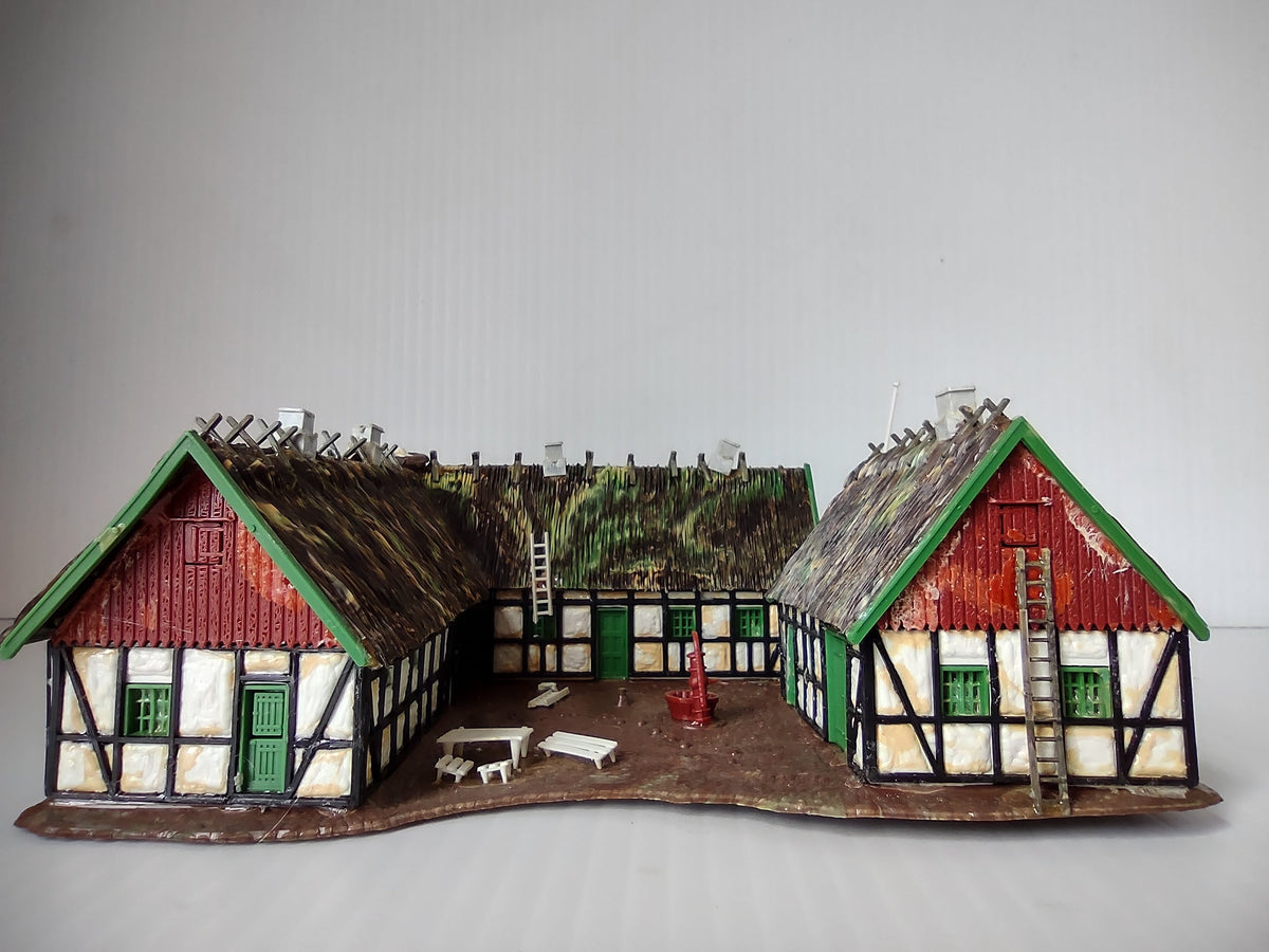 Vintage Heljan HO scale farmstead complex - front view with three half-timbered buildings