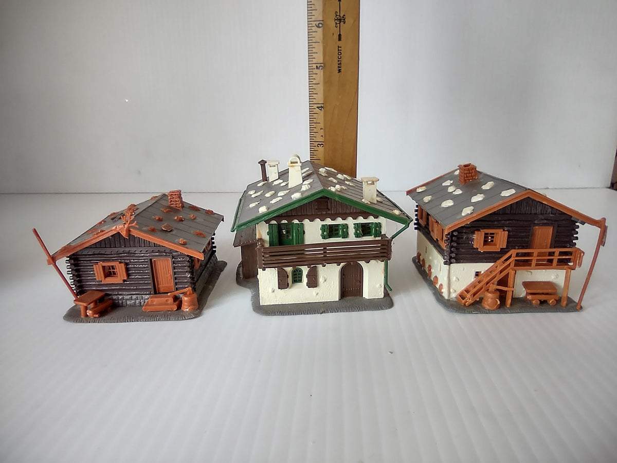 Vintage Pola HO scale Swiss Alpine chalet set of 3 - front view with ruler for scale