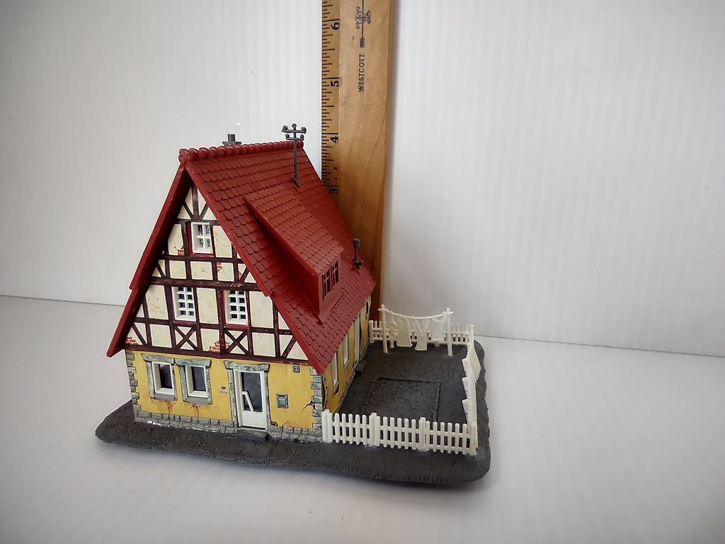 Vintage Vollmer HO scale half-timbered house - side angle view with ruler for scale