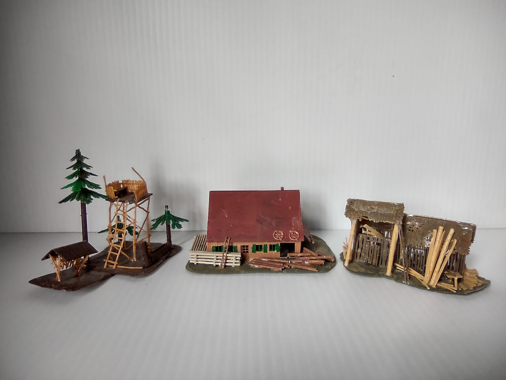 Vintage Faller HO Scale Alpine Log Cabin Hunting Tower Thatched Barn Set [8009n]