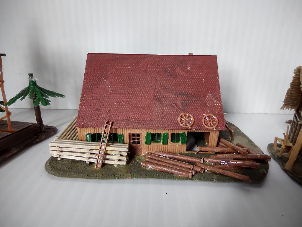 Vintage Faller HO Scale Alpine Log Cabin Hunting Tower Thatched Barn Set [8009n]