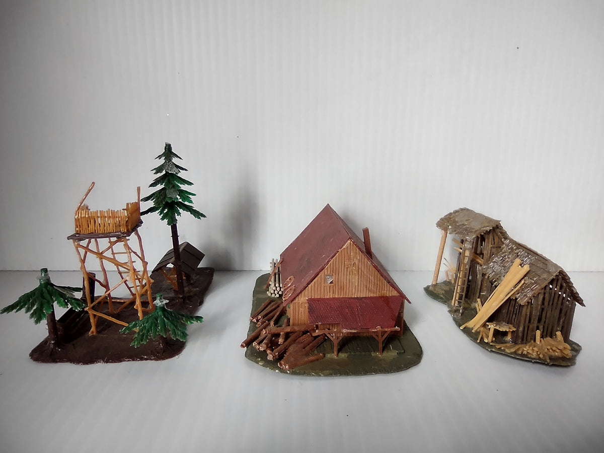 Vintage Faller HO Scale Alpine Log Cabin Hunting Tower Thatched Barn Set [8009n]