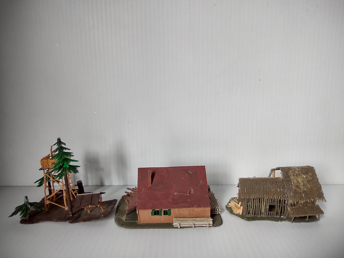 Vintage Faller HO Scale Alpine Log Cabin Hunting Tower Thatched Barn Set [8009n]