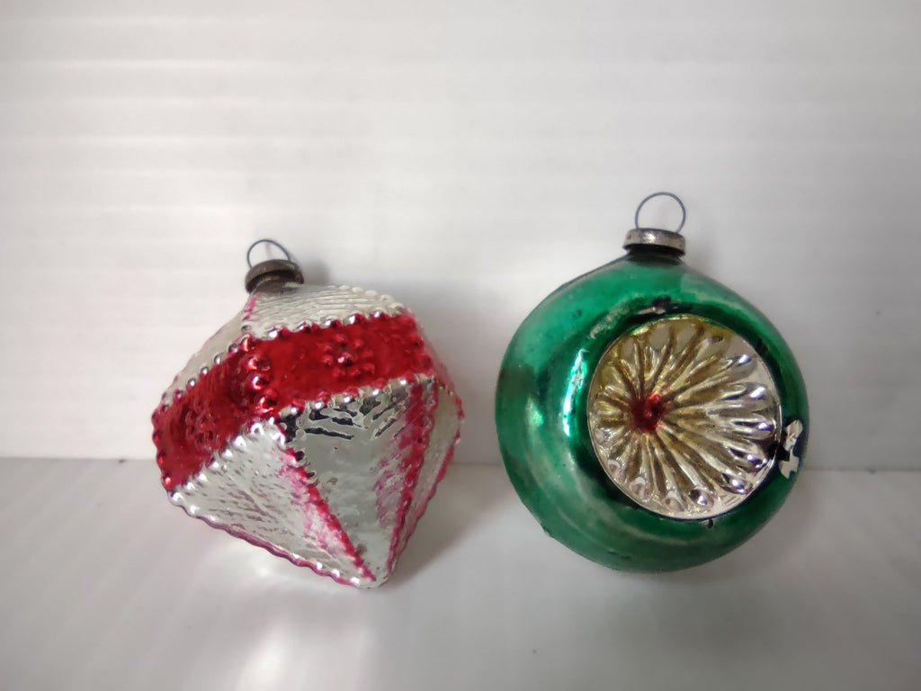 Vintage mercury glass Christmas ornaments set of 2, diamond and round ball shapes, red silver and green