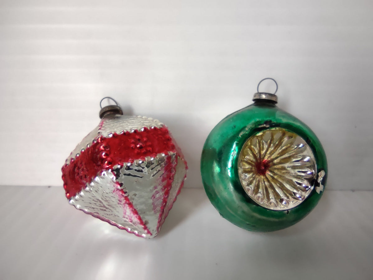 Vintage mercury glass Christmas ornaments set of 2, diamond and round ball shapes, red silver and green