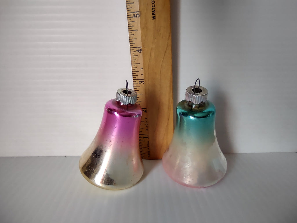 Vintage glass bell Christmas ornaments set of 2, pink ombre and teal ombre, showing screw cap bases