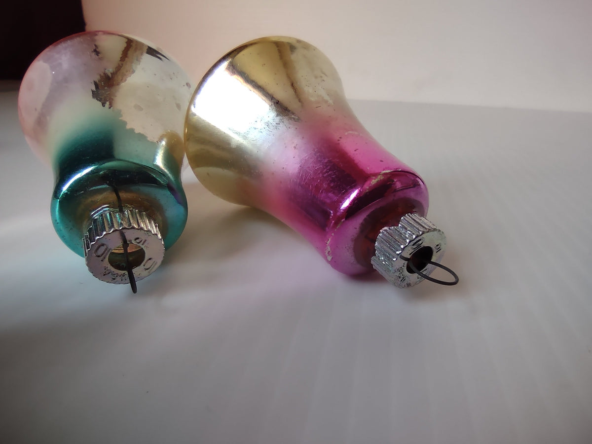 Vintage glass bell ornaments set of 2 with ruler showing approximately 2 inch height, pink and teal ombre
