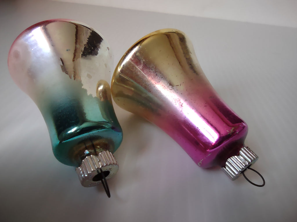 Vintage Shiny Brite Glass Bell Ornaments Pink Teal Ombre Set of 2 [8015n]