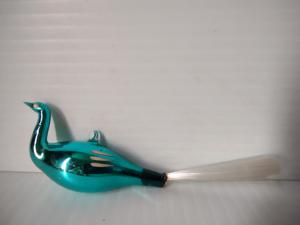 Vintage West German Teal Glass Bird Swan Christmas Ornament Spun Glass [8018n]
