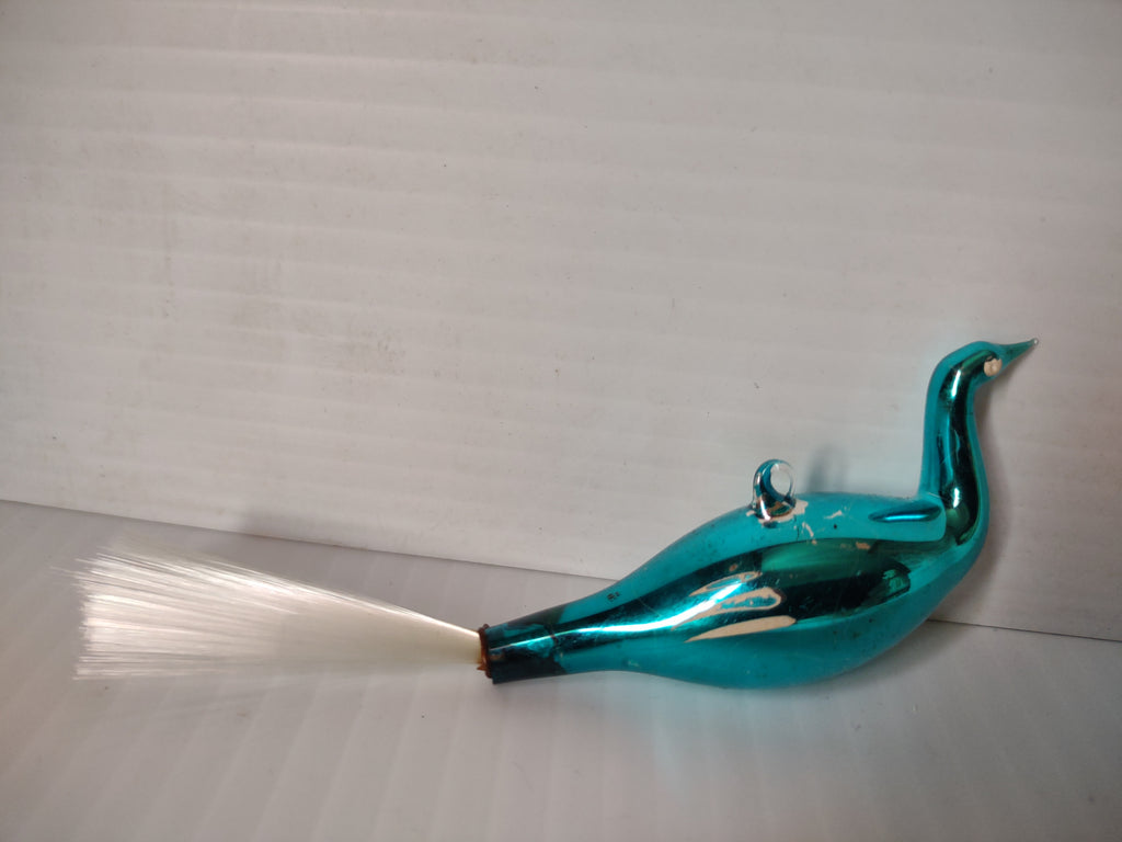 Vintage West German Teal Glass Bird Swan Christmas Ornament Spun Glass [8018n]