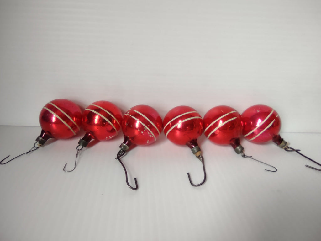 Set of 6 vintage Premier red glass ball Christmas ornaments with off-white diagonal stripe decoration and wire hook hangers