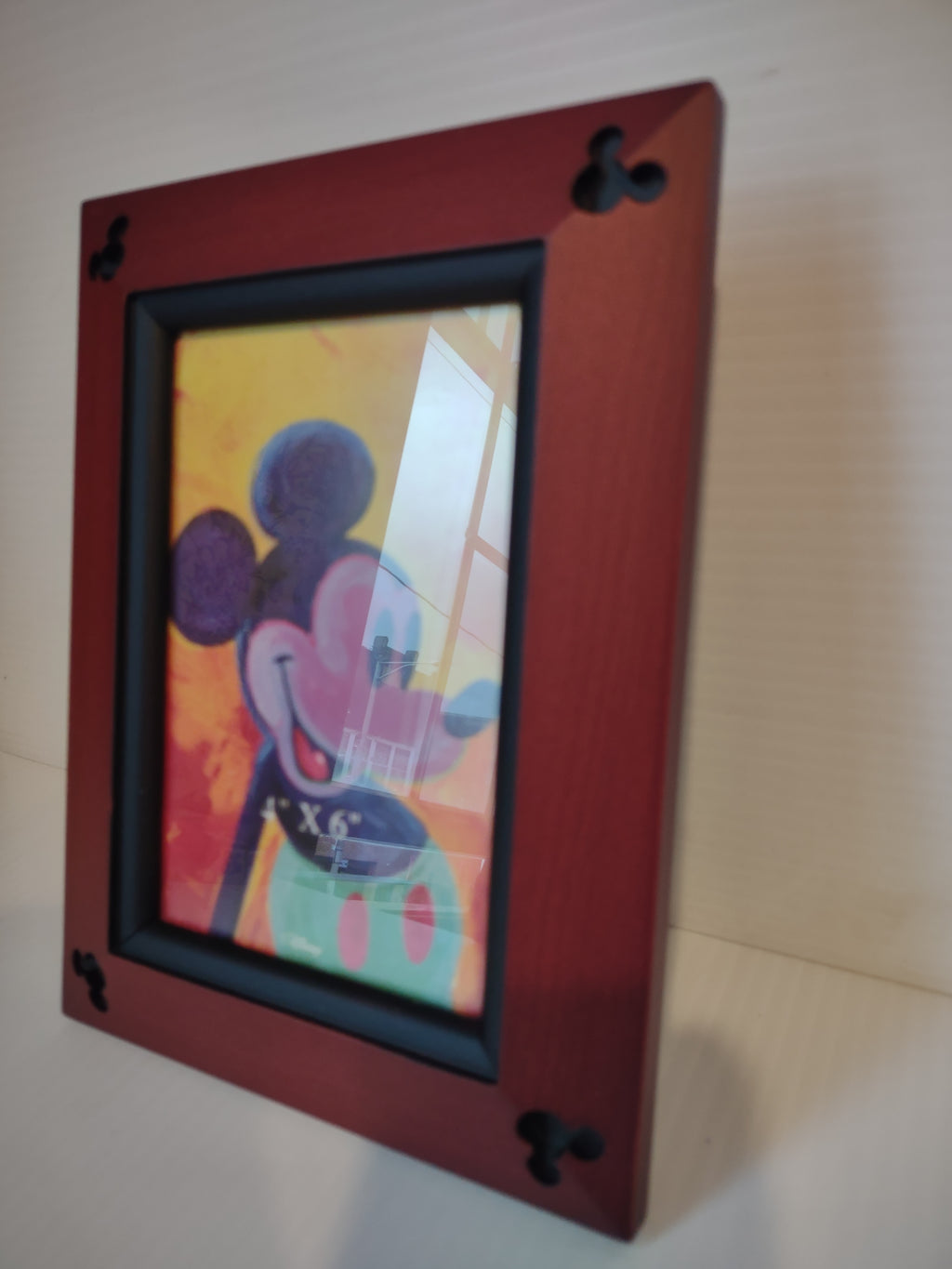 Vintage Disney Mickey Head Cutout 4x6 Photo Frame Red Wood Thailand [7429]