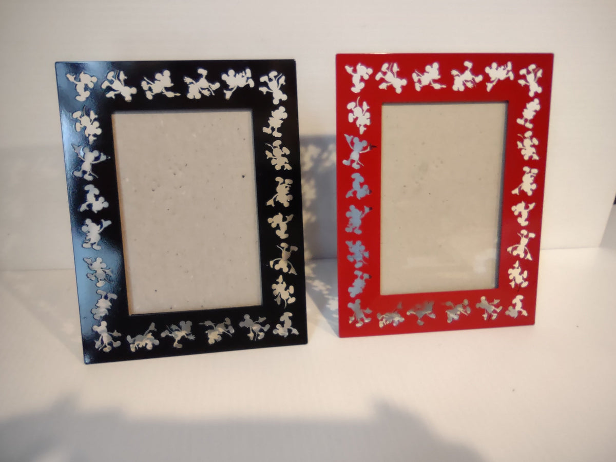 Vintage Disney Graves Design Mickey Tumbler 4x6 photo frames, black and red, Set of 2, dancing Mickey silhouette cutouts