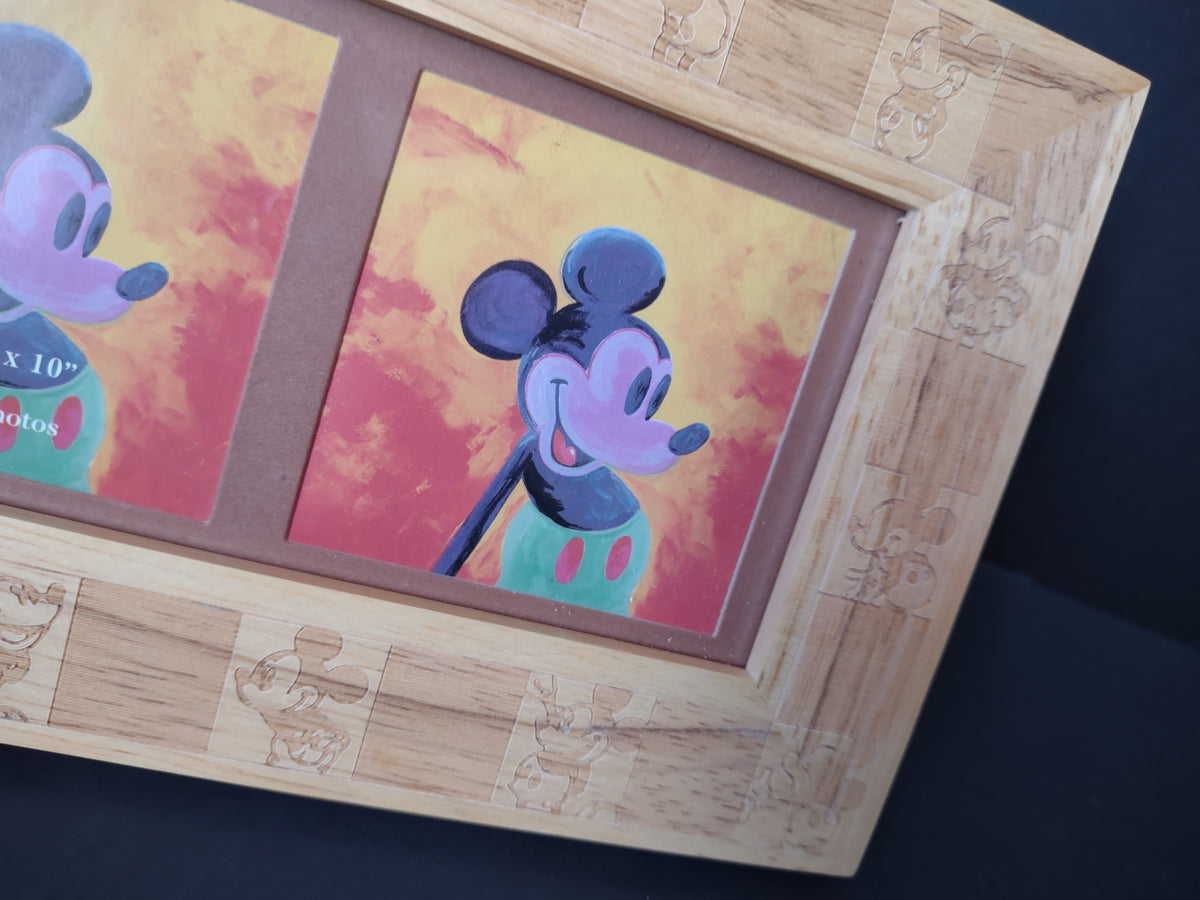 Vintage Disney Mickey Mouse Wood Triple Photo Frame Carved Characters [7431]