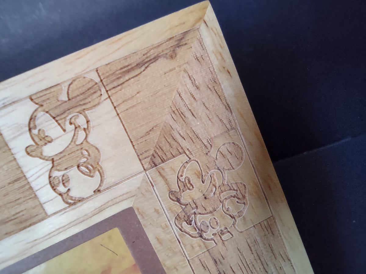 Vintage Disney Mickey Mouse Wood Triple Photo Frame Carved Characters [7431]